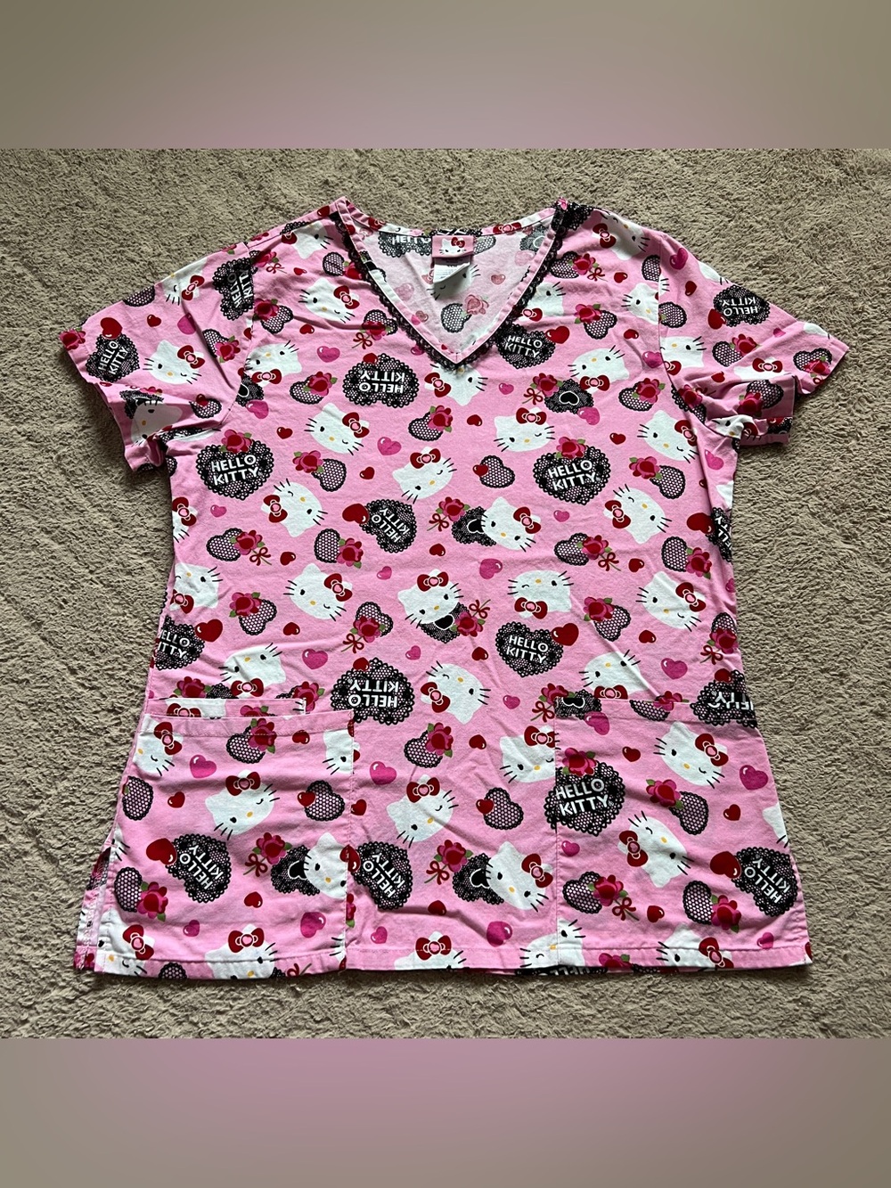 Hello Kitty Scrub Top Lace Trim Nursing Medical Healthcare Utility Cute Sz S